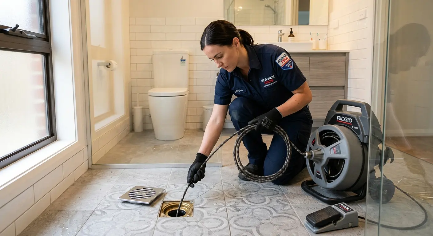 Technician clearing a bathroom floor drain for Drain Cleaning in Evanston